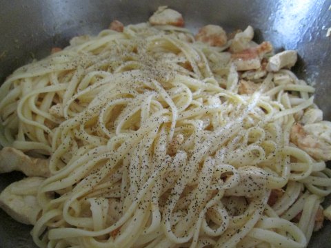 Adding the Spaghetti to the Chicken Cubes