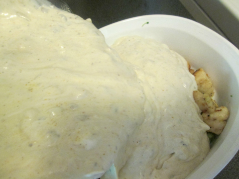 Pouring Divan Sauce Over Chicken & Broccoli